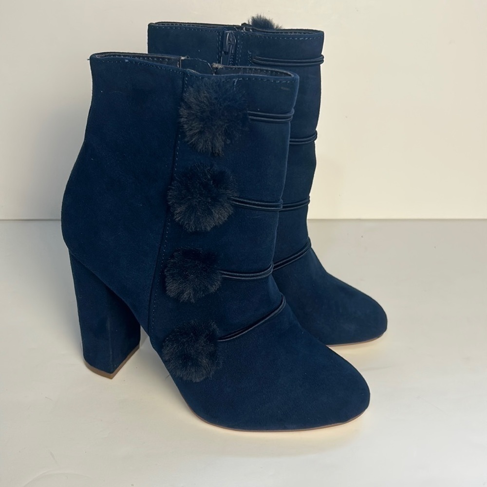 JustFab Isabella Bootie Victorian Inspired Blue Jewel Tone Pompoms Women's 6.5